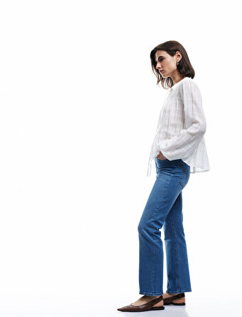 Yüksek Bel Dar Kalıp Düğmeli Cepli İspanyol Paça Crop Jean Pantolon - Flare Jeans