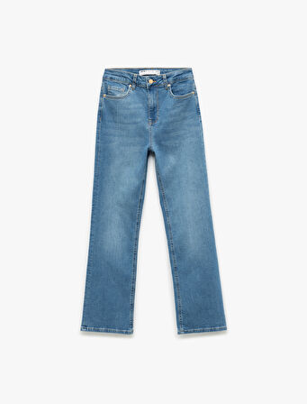 Yüksek Bel Dar Kalıp Düğmeli Cepli İspanyol Paça Crop Jean Pantolon - Flare Jeans