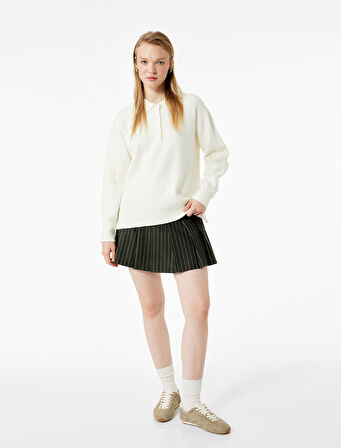 Uzun Kollu Düğme Detaylı Basic Polo Yaka Triko Kazak