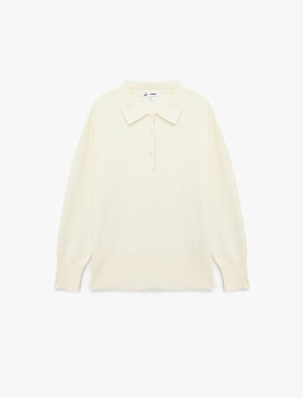 Uzun Kollu Düğme Detaylı Basic Polo Yaka Triko Kazak