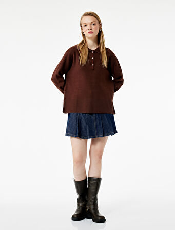 Uzun Kollu Düğme Detaylı Basic Polo Yaka Triko Kazak