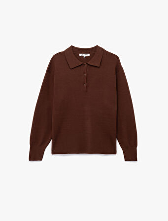 Uzun Kollu Düğme Detaylı Basic Polo Yaka Triko Kazak