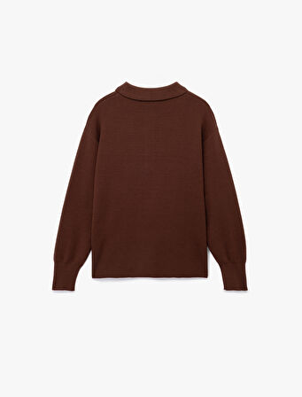 Uzun Kollu Düğme Detaylı Basic Polo Yaka Triko Kazak