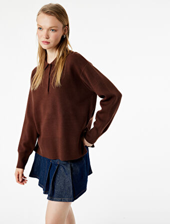 Uzun Kollu Düğme Detaylı Basic Polo Yaka Triko Kazak