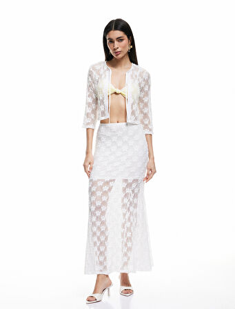 Transparan Bağlamalı Yaka 3/4 Kollu Dantel Çiçekli Crop Bluz