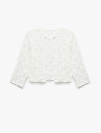 Transparan Bağlamalı Yaka 3/4 Kollu Dantel Çiçekli Crop Bluz