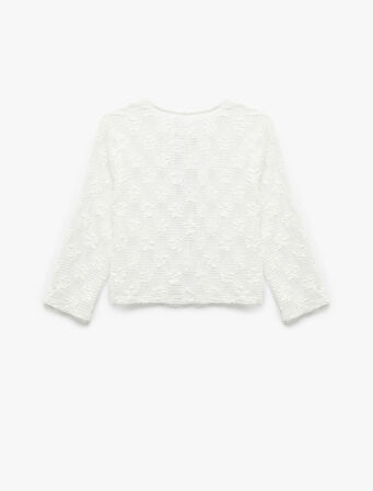 Transparan Bağlamalı Yaka 3/4 Kollu Dantel Çiçekli Crop Bluz