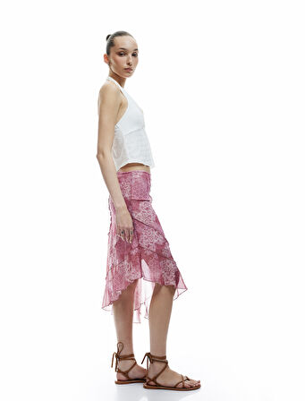 Asimetrik Katlı Slim Fit Tül Midi Etek