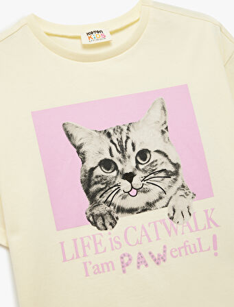 Pamuklu Kısa Kollu Bisiklet Yaka Baskılı Tişört