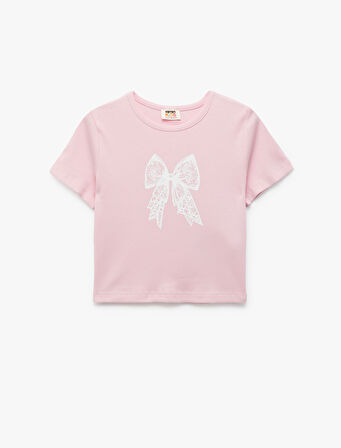 Bisiklet Yaka Kısa Kollu Fiyonk Detaylı Pamuklu Tişört