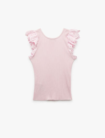 Kolsuz Brodeli Fırfır Detaylı Triko Bluz