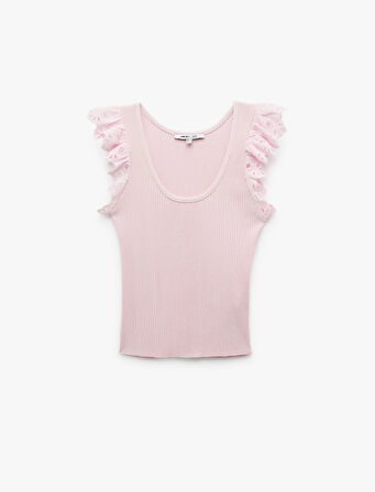 Kolsuz Brodeli Fırfır Detaylı Triko Bluz