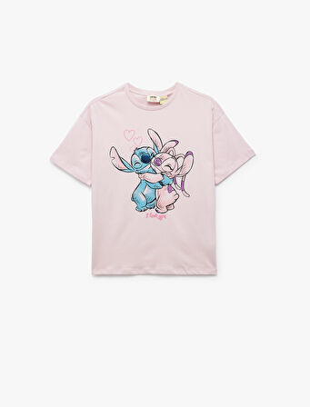 Pamuklu Lisanslı Stitch Baskılı Bisiklet Yaka Kısa Kollu Tişört