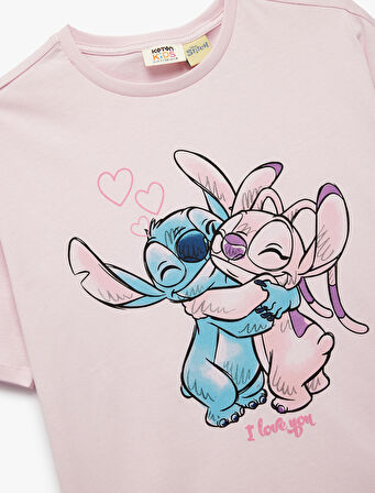 Pamuklu Lisanslı Stitch Baskılı Bisiklet Yaka Kısa Kollu Tişört