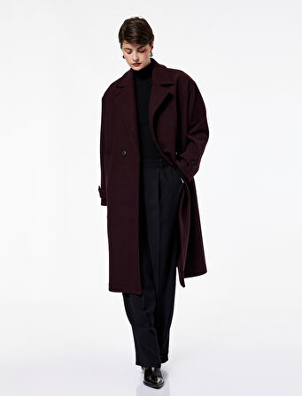 Uzun Kollu Cepli Düğmeli Kruvaze Uzun Kaşe Kaban