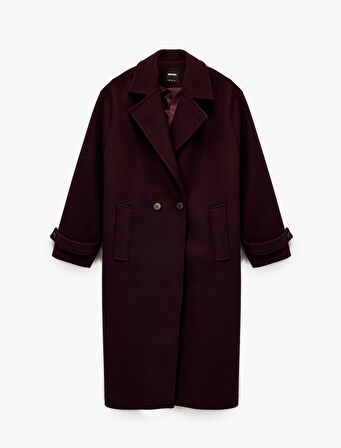 Uzun Kollu Cepli Düğmeli Kruvaze Uzun Kaşe Kaban