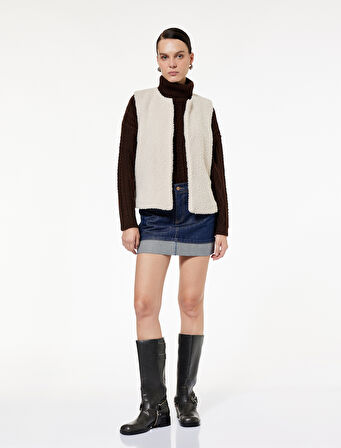 Bisiklet Yaka Crop Peluş Yelek