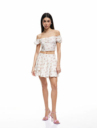 Aerobin Viskon Kumaş Takma Kol Düşük Omuz Çiçekli Crop Bluz