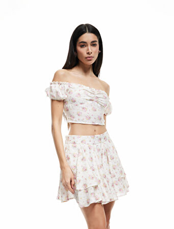 Aerobin Viskon Kumaş Takma Kol Düşük Omuz Çiçekli Crop Bluz