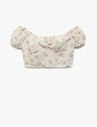 Aerobin Viskon Kumaş Takma Kol Düşük Omuz Çiçekli Crop Bluz
