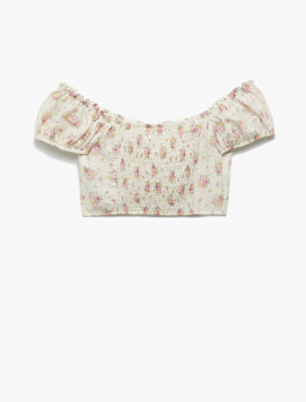 Aerobin Viskon Kumaş Takma Kol Düşük Omuz Çiçekli Crop Bluz