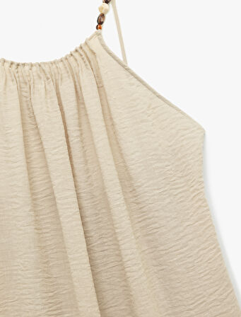 Boncuk Detaylı İnce Askılı Halter Yaka Uzun Plaj Elbisesi