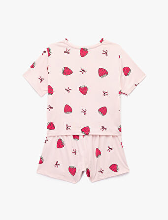 Rahat Kalıp Kısa Kollu Çilek Desenli Şortlu Pijama Takımı