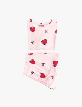 Rahat Kalıp Kısa Kollu Çilek Desenli Şortlu Pijama Takımı