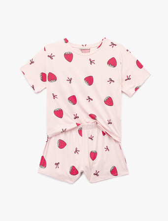 Rahat Kalıp Kısa Kollu Çilek Desenli Şortlu Pijama Takımı