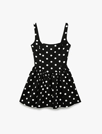 Kare Yaka Kolsuz Slim Fit Volanlı Puantiyeli Mini Abiye Elbise