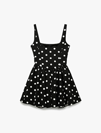 Kare Yaka Kolsuz Slim Fit Volanlı Puantiyeli Mini Abiye Elbise