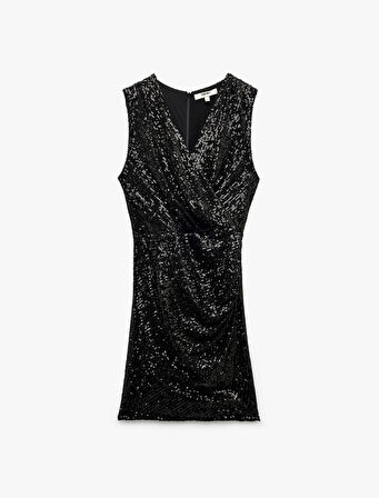 Kruvaze Yaka Kolsuz Pullu Payetli Bodycon Mini Abiye Elbise