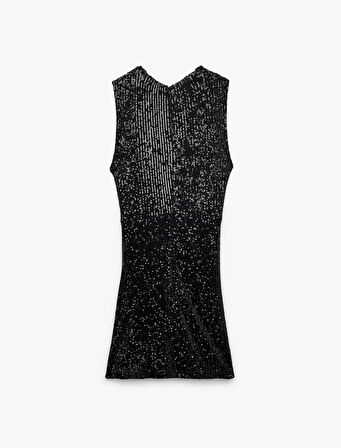 Kruvaze Yaka Kolsuz Pullu Payetli Bodycon Mini Abiye Elbise
