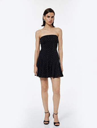 Straplez Kolsuz Volanlı Taşlı Astarlı Mini Abiye Elbise