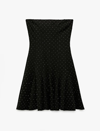 Straplez Kolsuz Volanlı Taşlı Astarlı Mini Abiye Elbise