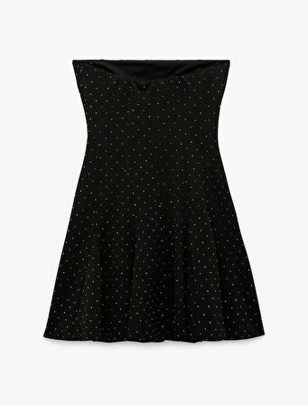 Straplez Kolsuz Volanlı Taşlı Astarlı Mini Abiye Elbise