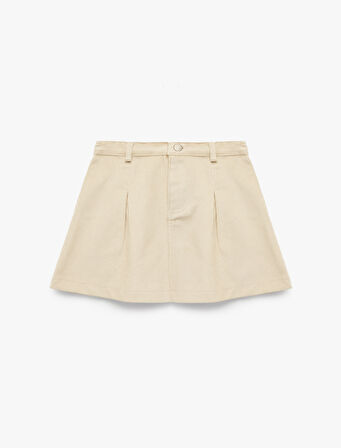 Düğmeli Diz Üstü Pileli Pamuklu Etek