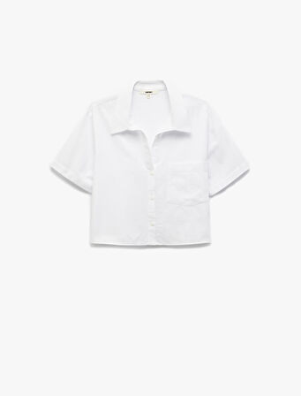 Pamuklu Cepli Kaçık Yaka Kısa Kollu Crop Gömlek