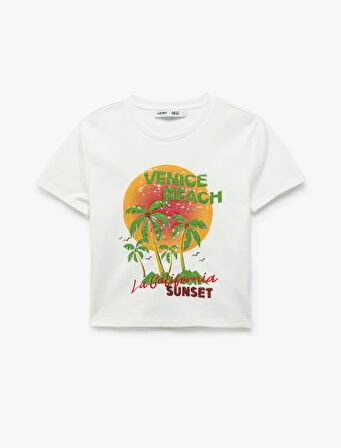 Pul Detaylı Bisiklet Yaka Kısa Kollu Crop Tişört