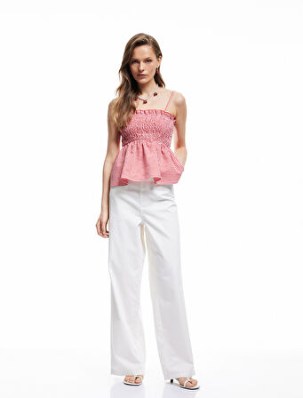 Beli Bağcıklı Pamuklu Düz Paça Cepli Pantolon - Loose Straight Fit Jeans