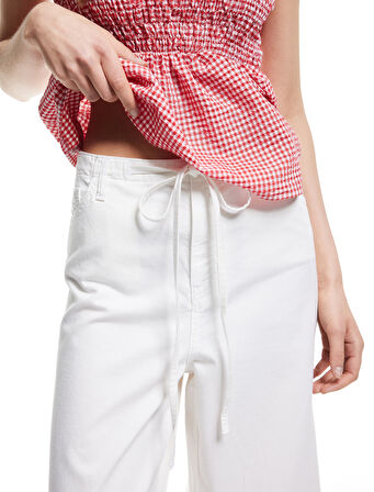 Beli Bağcıklı Pamuklu Düz Paça Cepli Pantolon - Loose Straight Fit Jeans