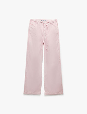 Beli Bağcıklı Pamuklu Düz Paça Cepli Pantolon - Loose Straight Fit Jeans