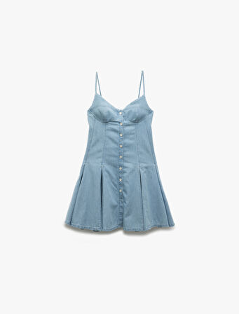 Kalp Yaka İp Askılı Düğmeli Pileli Mini Denim Elbise