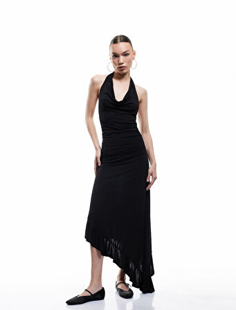 Degaje Yaka Asimetrik Kolsuz Drapeli Midi Elbise