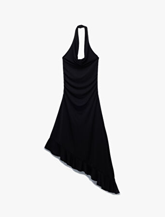 Degaje Yaka Asimetrik Kolsuz Drapeli Midi Elbise