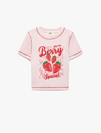 Pamuklu Kısa Kollu Bisiklet Yaka Çilek Baskılı Crop Tişört