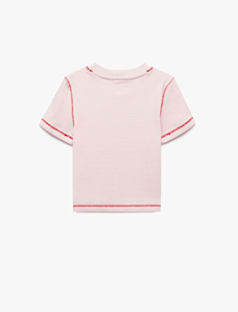 Pamuklu Kısa Kollu Bisiklet Yaka Çilek Baskılı Crop Tişört