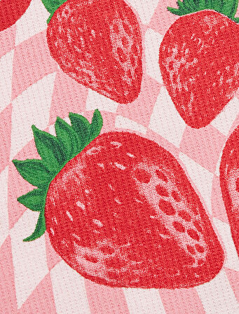 Pamuklu Kısa Kollu Bisiklet Yaka Çilek Baskılı Crop Tişört