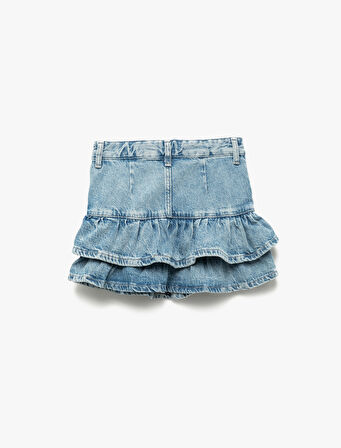 Pamuklu Fırfır Detaylı Katlı Cepli Mini Denim Etek