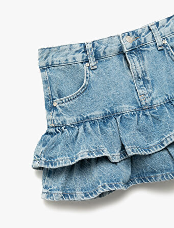 Pamuklu Fırfır Detaylı Katlı Cepli Mini Denim Etek